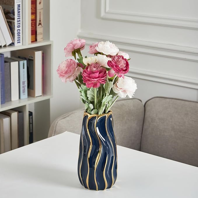 Ceramic Vase for Home Decor,Decorative Flower Vase, Vertical Stripe Ceramic Vases for Home Décor, Bedroom, Office, Living Room, Bathroom, Tabletop Decor, Centerpiece Table Decorations (Blue)