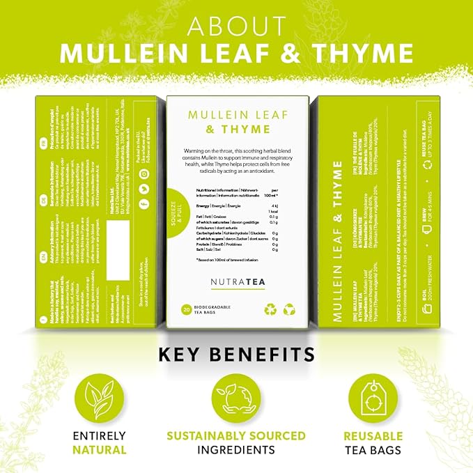 NutraTea - Mullein Leaf & Thyme Tea - Mullein Tea - Thyme Teabags For Lungs & Throat - 40 Individually Wrapped Bags - Herbal Infusion (2 Pack)