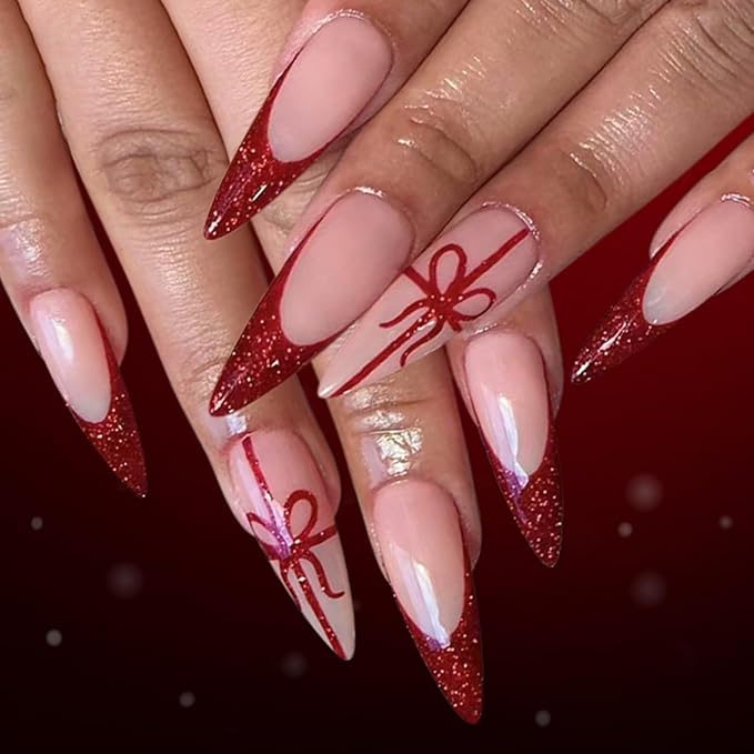 Christmas Nail press ons Red Fake Nails Long Stiletto False Nail with Bow Design Glitter Glue on Nails Artificial Acrylic Full Cover Stick on Nail for Women Girls Xmas Manicure 24Pcs
