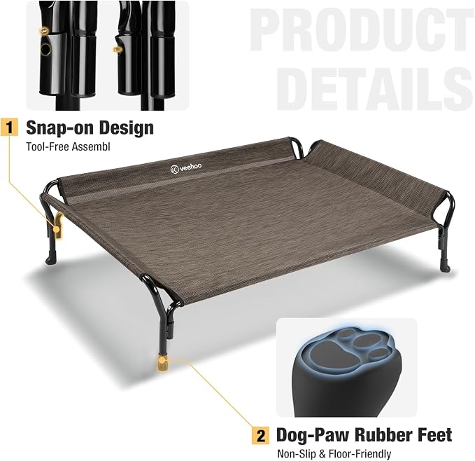 Veehoo Cooling Elevated Dog Bed, Raised Dog Cot with Guardrail & Headrest | Washable Dog Couch Bed for Indoor & Outdoor, Durable Breathable Teslin Mesh, Non-Slip Feet, Large 47" x 32", Brown
