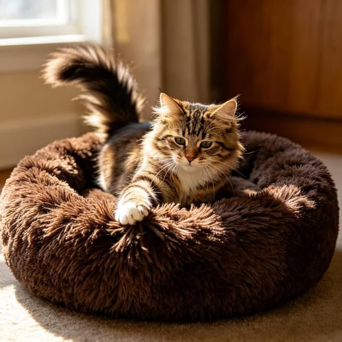 Cat Beds for Indoor Cats - Cat Bed Washable 20/24 inches, Dog Beds for Small Medium Dogs, Anti Anxiety Round Fluffy Plush Faux Fur Pet Bed, Thick Bottom (Coffee, Medium)