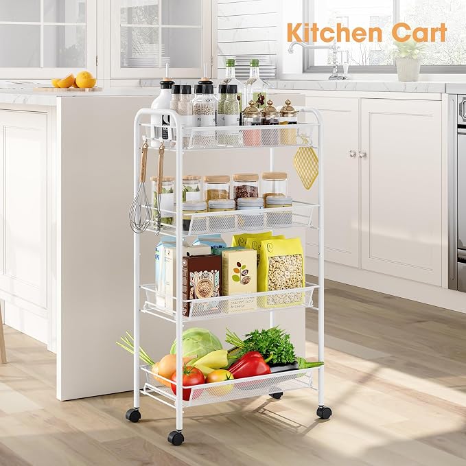 TOOLF 4 Tier Rolling Cart, Metal Utility Storage Cart with Wheels, White | 3 Hooks, Screwless Assembly, Trolley Organizer for Bathroom, Kitchen, Office, Nursery, Dorm, Laundry Room