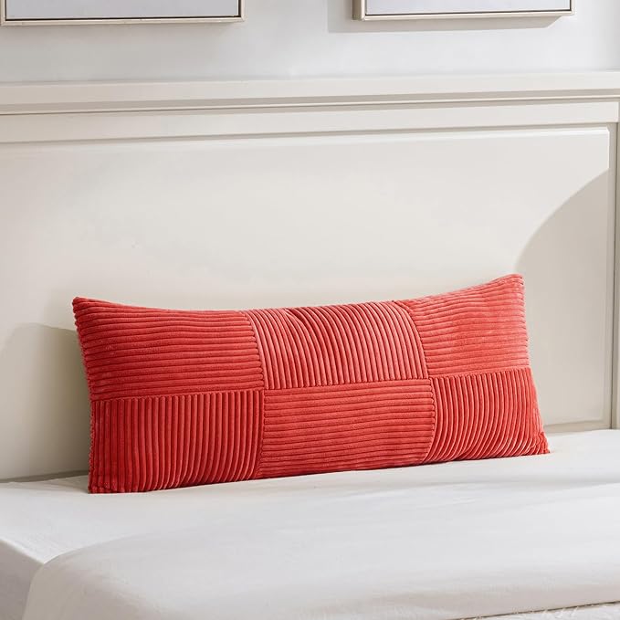 Fancy Homi Set of 1 Red Boho Long Lumbar Body Decorative Throw Pillow Cover 21x54 Inch for Bed Couch Bedroom Bench, Soft Patchwork Corduroy Textured Pillow Case, Rustic Farmhouse Room Decor