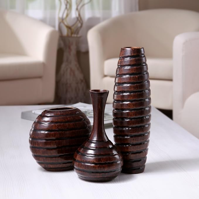 Hosley's Set of 3 Carved Wood Vases Small 6" Medium 8" and Tall 12" High. Ideal Gift for Floral Arrangements Wedding and Use for Home Office Decor Fireplace Floor Vases Spa Aromatherapy Settings
