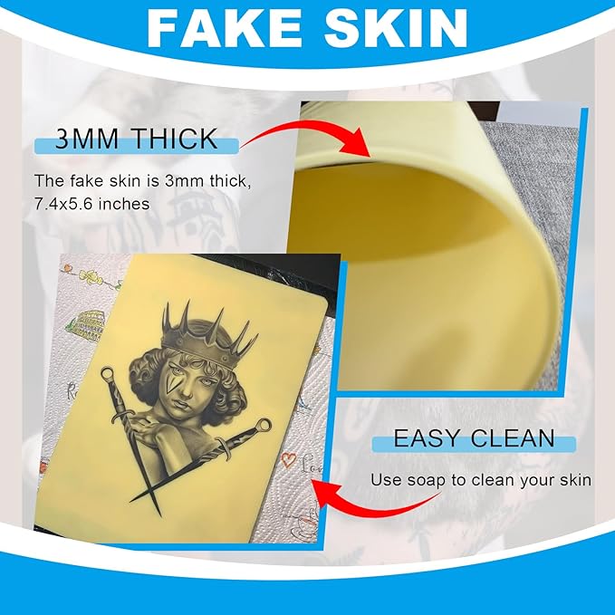 Emalla 3mm Premium Tattoo Practice Skin, 10Pcs Silicone Fake Skin for Practice Double-Sided Use 7.4"x5.6" Soft Skin for Artists and Beginners Tattoo Supplies