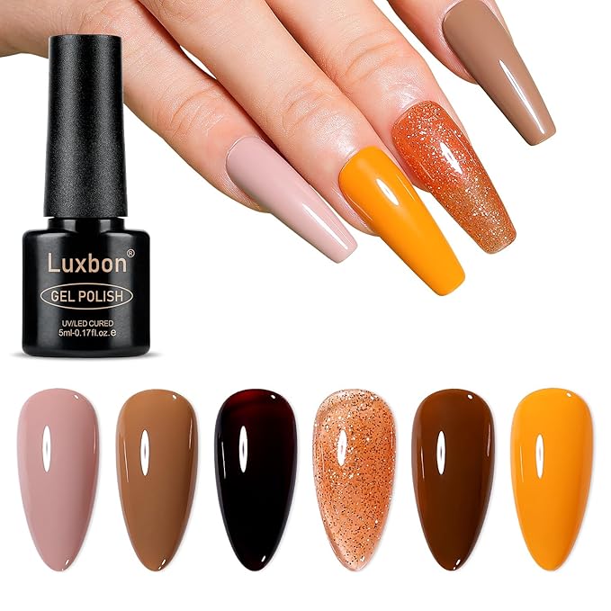 Luxbon 6 pcs Gel Nail Polish Set - Fall Color Set Long Lasting Autumn Gel Polish, uv led Soak Off Nail Art Designs Manicure Kit 023
