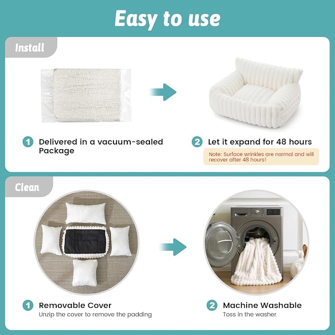 COZY KISS Cute Cat Bed with Removable Cover, Multifunctional Plush Faux Fur Pet Couch Bed with Blanket, Ultra-Soft Pet Furniture for Cats & Small Dogs (Cream, M: 32''x24'')