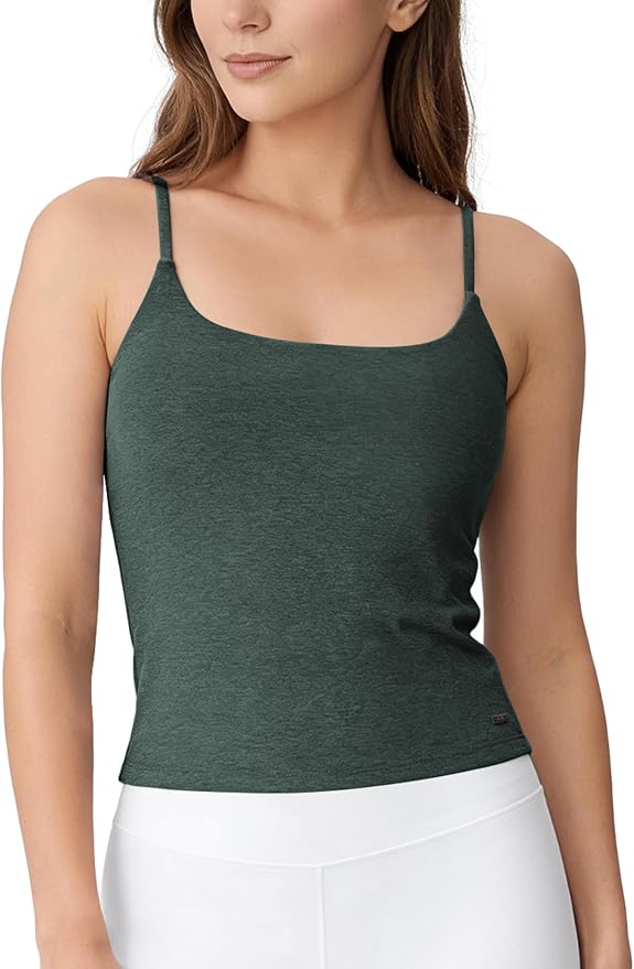 ODODOS Women's Performance Crop Cami Tank with Built-in Bra - Ultra Soft odSTRATUM Tech Spaghetti Straps Yoga Sports Bra