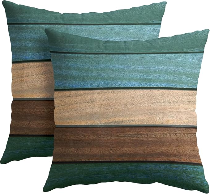 Kawani Wood Board Pillow Covers 20x20 Inches, Set of 2 Blue Green Brown Retro Wooden Decorative Square Pillowcase Cotton Linen Cushion Covers for Living Room Bedroom Sofa Couch