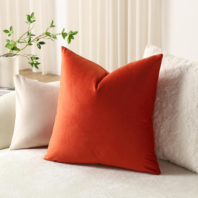 Throw Pillow Covers 22x22 Burnt Orange: Pack of 2 Cozy Soft Velvet Square Modern Luxury Decorative Throw Pillow Cases for Sofa Couch Living Room Bed Home Decor