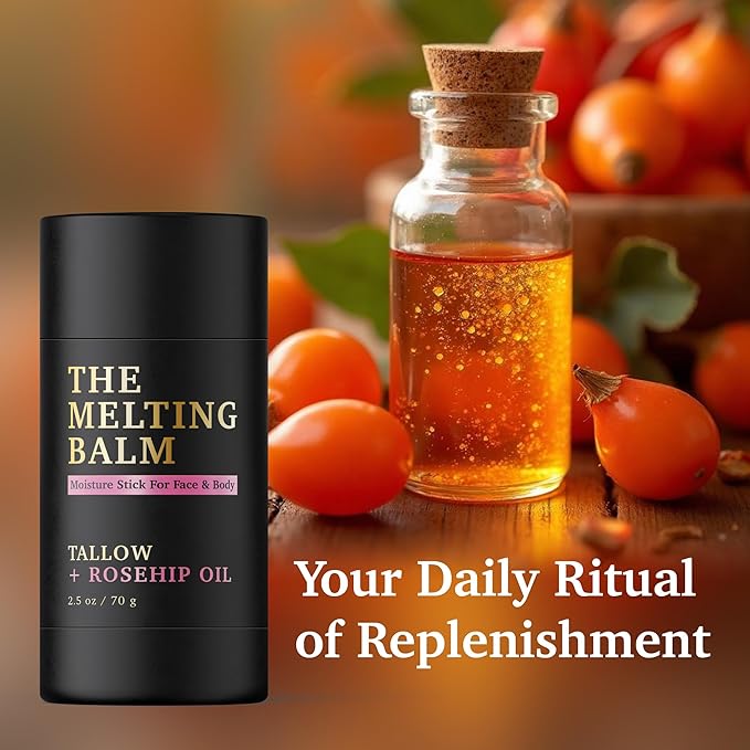 The Melting Balm - Tallow + Rosehip Oil Moisture Stick for Face & Body | 100% Grass Fed Tallow Balm | Clean Solid Moisturizer for Dry Sensitive Skin | Instant Relief & Continuous Recovery | 2.5 oz
