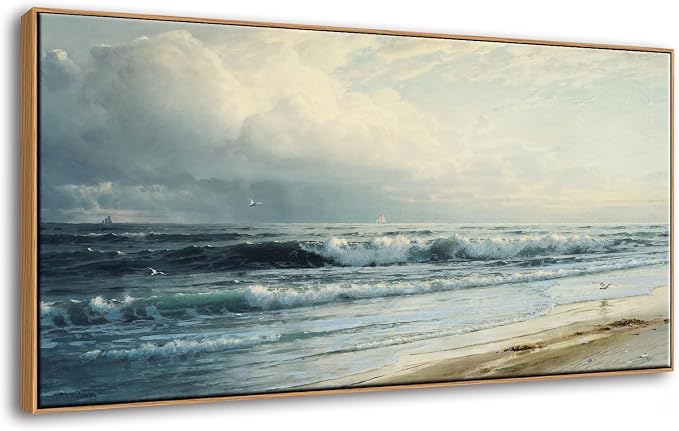 DJSYLIFE Vintage Rockaway Beach Seascape Canvas Wall Art, Framed 20x40 Inch | Large Coastal Decor, Ocean Waves Painting Prints, Ready to Hang for Living Room & Bedroom, Long Pictures for Above of Bed