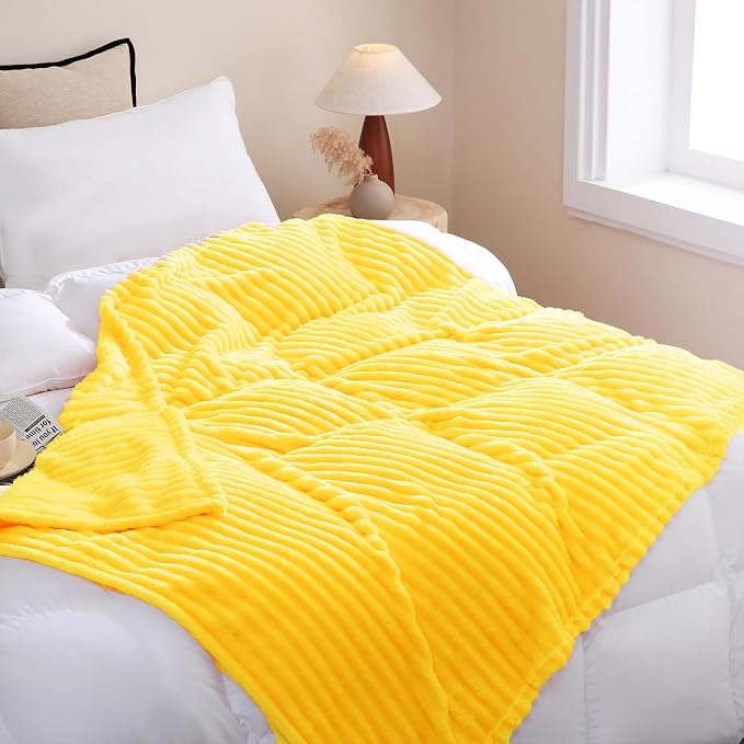 Bright Yellow Fleece Throw Blanket 108”×90” for Couch Sofa Livingroom | Super Soft Cozy Plush Microfiber Flannel Bed Blanket Striped Design Lightweight Home Decor Gifts for Adults Mom Women