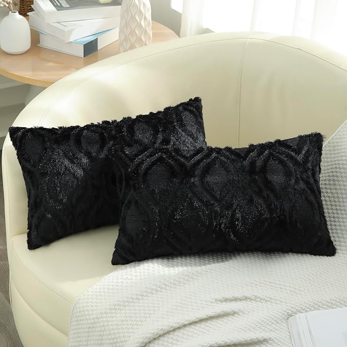 decorUhome Faux Fur Plush Soft Black Throw Pillow Covers 12x20 Set of 2 | Wool Solid Fall Couch Pillow Covers, Accent Modern Farmhouse Neutral Decorative Square Pillow Cases for Sofa Bed Living Room