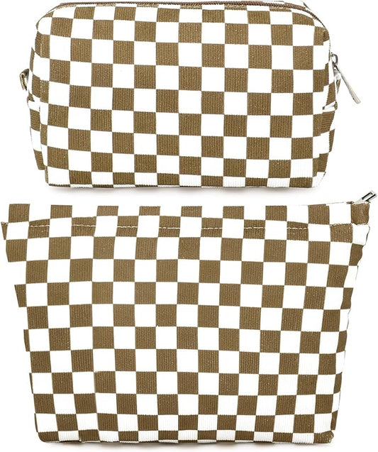 SOIDRAM 2 Pcs Checkered Makeup Bag Large Cosmetic Bag Toiletry Bag Makeup Pouch Travel Bag Organizer Cute Makeup Brushes Aesthetic Accessories Storage Bag for Women Coffee Brown