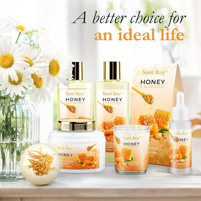 Mothers Day Birthday Spa Gifts for Women, 8pcs Honey Almond Bath Gift Set for Women, Spa Gift Basket for Women & Men, Home Spa Gift Set, Self-Care Spa, Birthday, Christmas, Mother Day, Anniversary