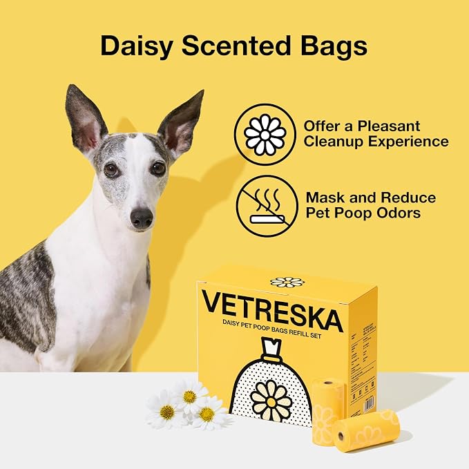 VETRESKA Daisy Scented Dog Poop Bags, 300 Counts, Leak-proof | Extra Thick and Large Pet Waste Bags for Dog Walking and Cat Litter, 20 Refill Rolls
