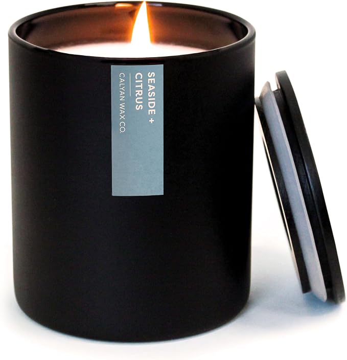 Calyan Wax Co. Seaside & Citrus Scented Candle - 75 Hour Burn - Luxury Clean Soy Wax Candles - Long Lasting Black Tumbler Jar Candle for Home - 10.2oz