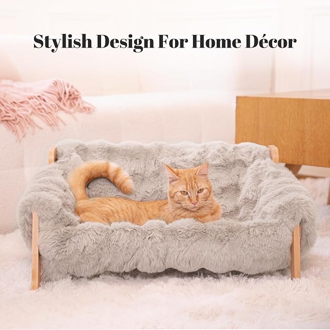 Elevated Cat Couch Bed Wooden Raised Kitty Sofa Lounge Chair | Washable Fluffy Cover Wooden Elevated Pet Furniture for Indoor Cats and Puppy(Gray)
