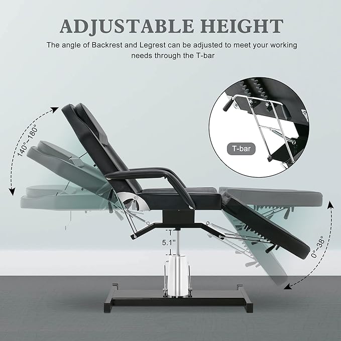BarberPub Hydraulic Massage Bed Height Adjustable Tattoo SPA Chair Multi-Functional Facial Table Beauty Equipment for Salon 2753 (Black)