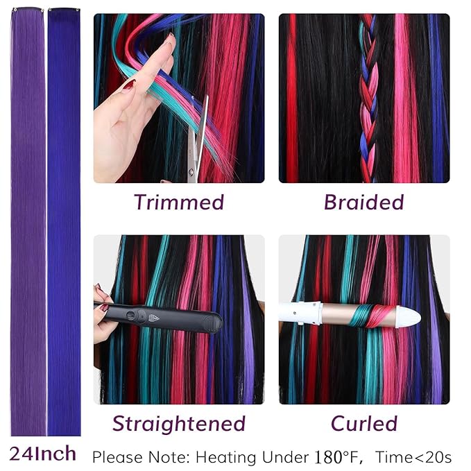 IDN BEAUTY Colored Clip in Hair Extension, 12PCS Blue Deep Purple 24Inch Multicolored Synthetic Hair Pieces for Women, Hair Accessories for Party Cosplay Travel Birthday