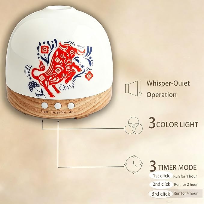 Ceramic Diffuser - 300ML Essential Oil Diffuser,Cute Porcelain Design, Quiet Cool Mist, 4 Timer Modes, Auto Shut-Off, Night Light for Bedroom and Home