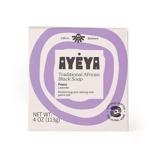 AYÉYA African Black Soap Bar, Lavender (Peace) – Exfoliating Bar Soap for Dry, Combination, Sensitive, Acne-Prone Skin, 4 Oz