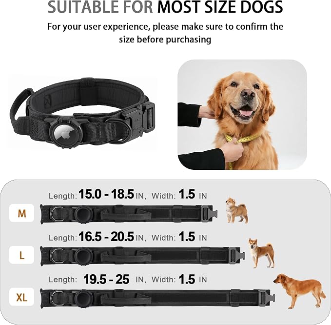 Tactical AirTag Dog Collar Leash Set - Heavy Duty, Adjustable GPS Collar