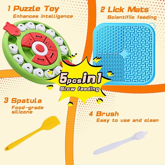 4 in1 Dog Puzzle Toy Set - Slow Feeder & Lick Mat for Puppy IQ Training & Mental Stimulate Treat Dispensing Ball | Pet Enrichment Interactive Toy (4 in 1 Blue+Green)