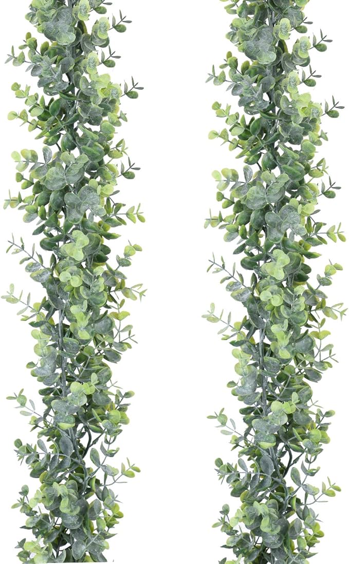Faux Eucalyptus Garland Plant, 2 Pack Artificial Vines Hanging Eucalyptus Leaves Greenery Garland for Wedding Backdrop Arch Wall Decor, 6 Feet/pcs UV Protected Indoor Outdoor