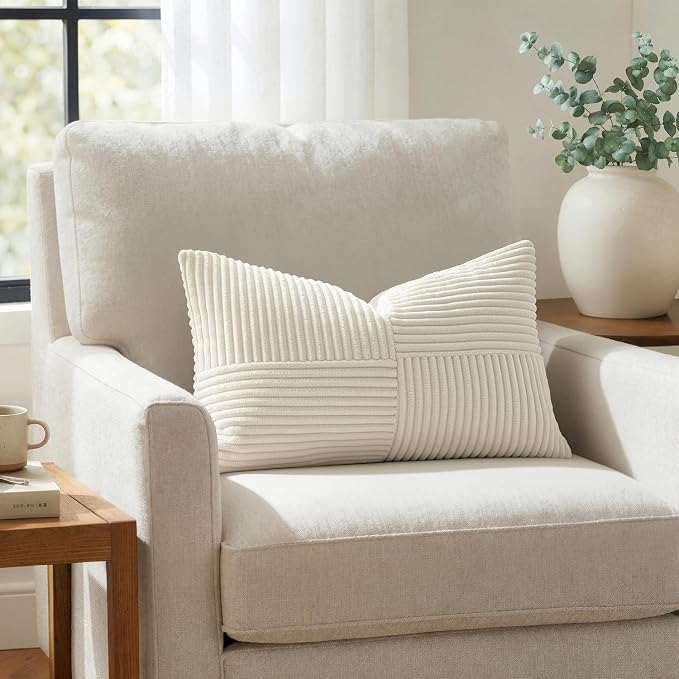 MIULEE Cream White Decorative Lumbar Throw Pillow Covers 14x24 Inch 2 Pack | Beige Neutral Boho Farmhouse Pillow Covers, Soft Cross Corduroy Patchwork Textured Cushion Cases For Couch Sofa Bed