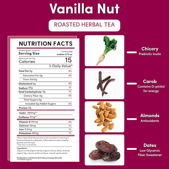 Teeccino Vanilla Nut Herbal Tea - Rich & Roasted Herbal Tea That’s Caffeine Free & Prebiotic for Natural Energy, 10 Tea Bags (Pack of 6)