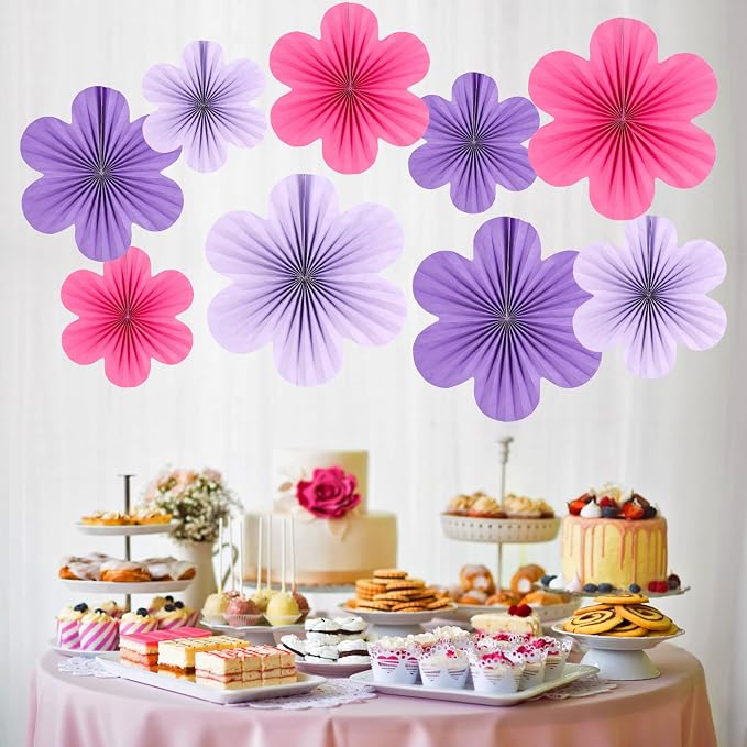 SUNBEAUTY Paper Flowers Decorations for Wall, Purple and Pink for Wall Paper Flower Fan Classroom Decoration Paper Floral Backdrop Decor Paper Fans Decoration Hanging Paper Flower Wall Decor Set of 9