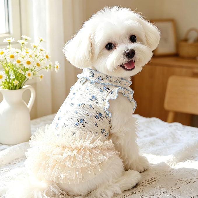 Dog Dresses for Small Dogs Girl,Floral Dog Tutu Dress,Pet Clothes for Puppy Small Cats Cute Dog Princess Skirt for Female Pet Birthday Party Outfit（Blue,XX-Large）