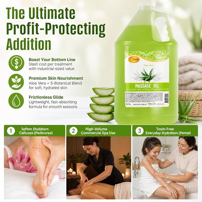 SPA REDI Aloe Vera Professional Massage Oil – 5-Botanical Blend with Almond, Avocado, Sunflower & Vitamin E | Non-Greasy, Fast-Absorbing | Paraben-Free, Cruelty-Free | Made in USA | 128 oz