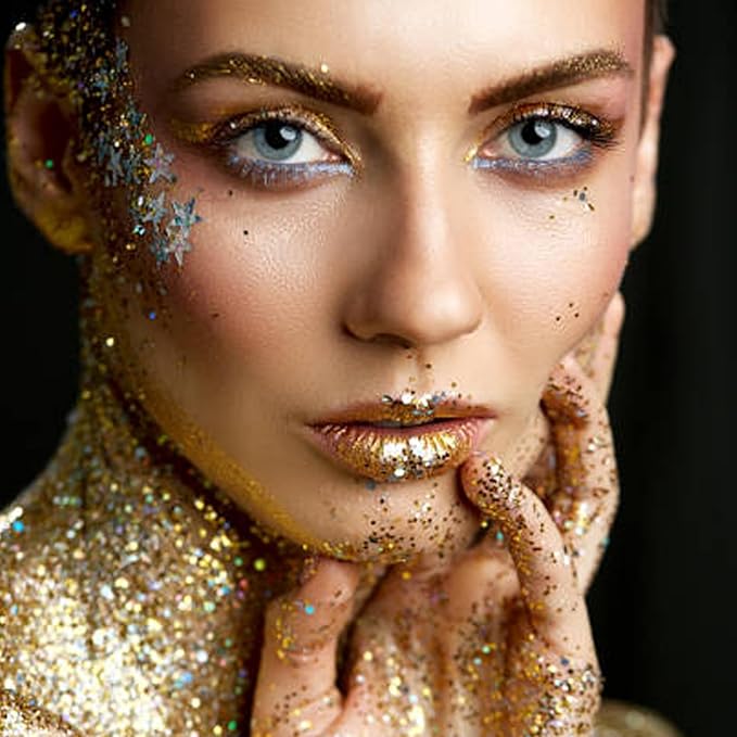 MEICOLY Gold Body Glitter,Yellow Face Glitter,Music Festival Accessories Outfits for Women,Hair Glitter for Kids,Sparkle Gold Chunky Body Glitter for Country Concert,Mardi Gras Accessories