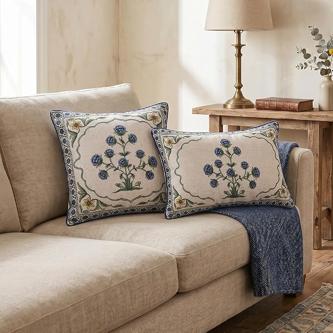patdrea Designer French Vintage Linen Throw Pillow Cover,12"x28"-Ivar B | Vinage Decorative Pillow Case,Floral Pattern,White Pillow Cover for Couch Living Room Bedroom Sofa Outdoor