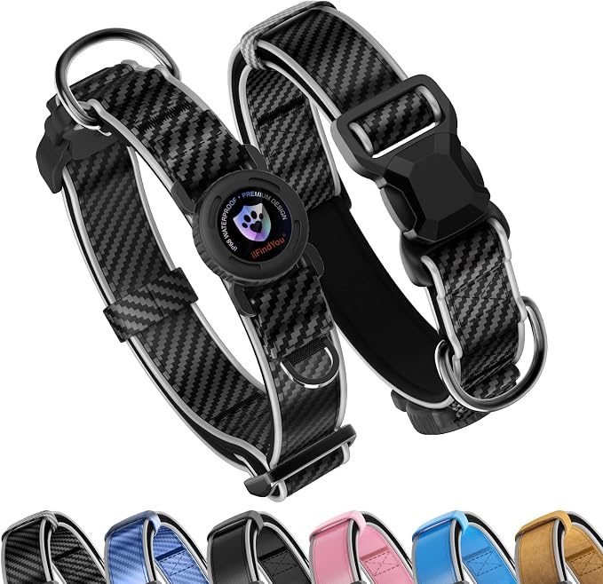 Leather AirTag Dog Collar, Magnetic Buckle, Reflective, C-Black S