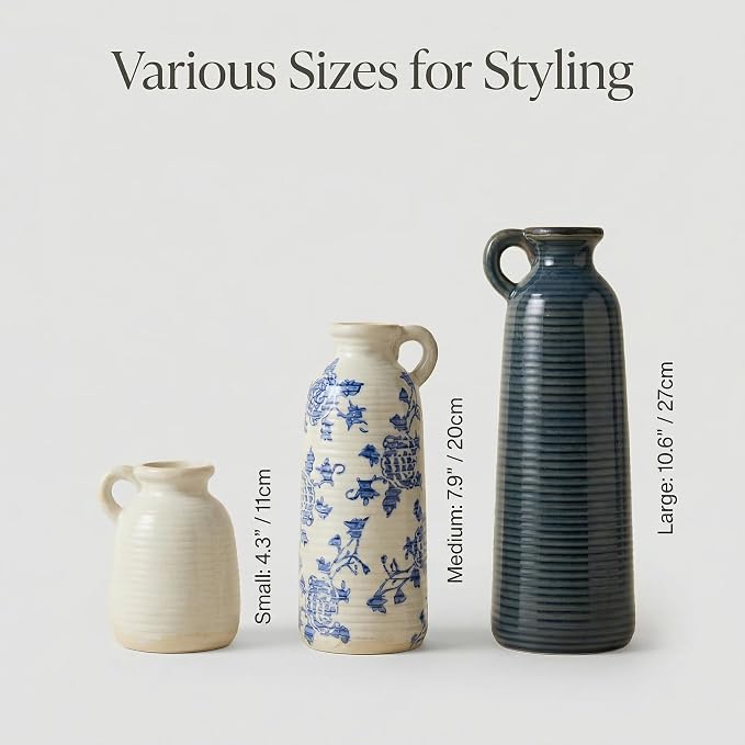 Ceramic Vase Set of 3 with Handles, Blue White Neutral Rustic Modern Farmhouse Boho Decor, Versatile as Table Centerpiece or Mantel & Shelf Accent - Unique Home Gift Idea