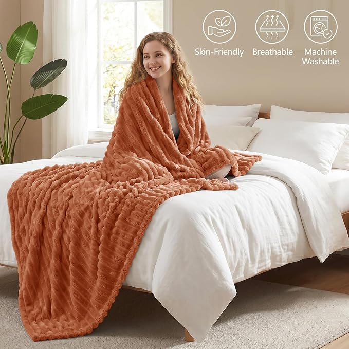Burnt Orange Throw Blanket for Couch & Bed, 50 x 60 Inch | 300GSM Ribbed Fleece Blanket, Soft, Cozy & Lightweight, OEKO-TEX Certified, All-Season Use for Travel, Dorm & Home Decor