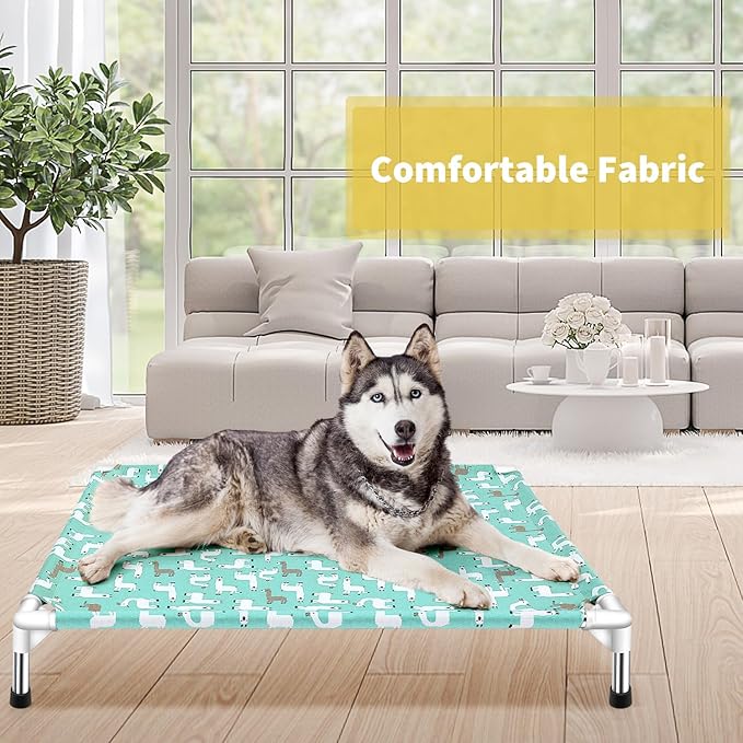Elevated Dog Bed Pet cot for Large Dogs | Alpaca Print,Indoor and Outdoor ，Breathable Fabric，Stainless Steel Frame, Anti-Slip Feet