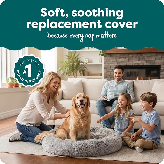 FurHaven Replacement Dog Bed Cover, Long Faux Fur for Calming Cuddlers, Machine Washable, Customizable Filling, Jumbo XL, Faux Fur, Misty Gray