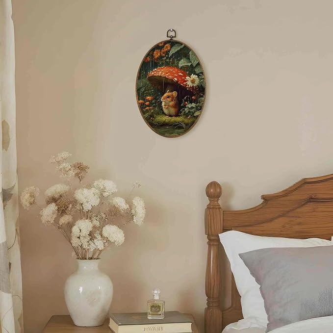 LKETW Vintage Whimsical Rat Mushroom Oval Wall Art Decor, Dark Cottagecore Oval Canvas Hanging Decor, Moody Botanical Rat Mushroom Wall Decorations for Home Room Living Room, 8.6x11.4 Inch