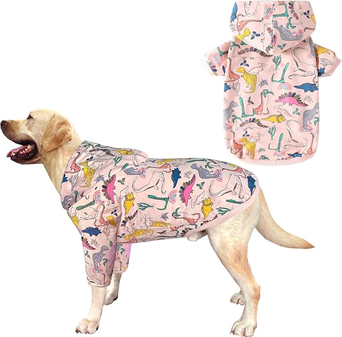 Dog Cotton Hoodie Pullover Sweatshirts Soft and Stretch Pets Clothes Colorful Dinosaur Hooded for Medium Large Dogs（Pink Dino L）