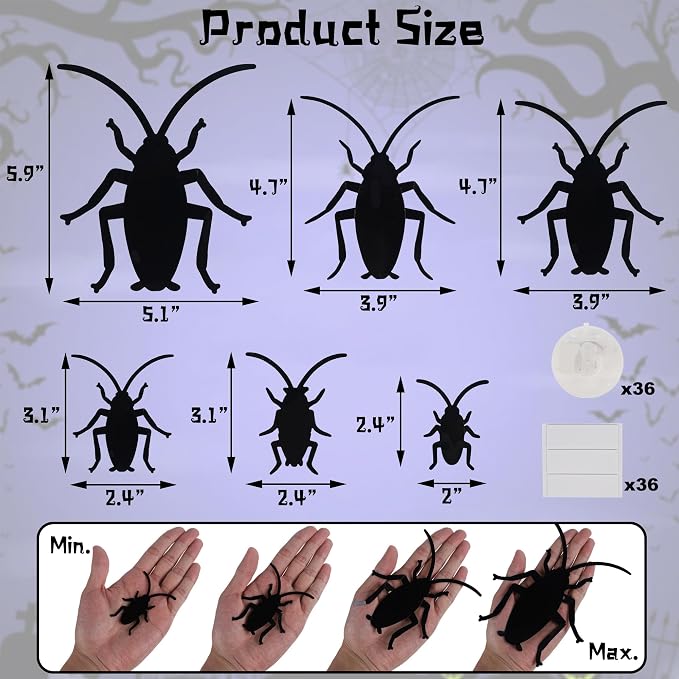 DR.DUDU 36 Pack Halloween Wall Decor 3D Cockroach Window Stickers | LED Lights, Removable PVC, Assorted Sizes, Light Up Roach Wall Decals, Indoor Outdoor Bathroom Home Party Decor