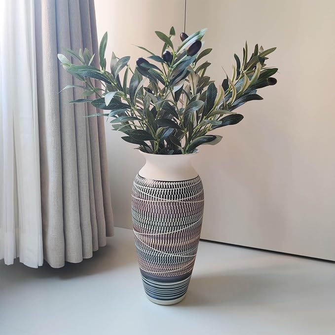 12.6" Tall Vintage Ceramic Rustic Farmhouse Vase (Full Skipcut Brown) | Large Boho Textured Flower Vases for Home Decor, Living Room, Table, Mantel, Shelf