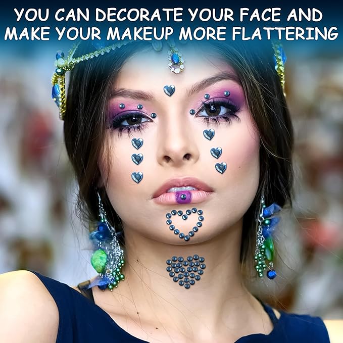 3 Sheers Self Adhesive Face Gems Blue Acrylic Heart Rhinestone Sticker Hair Face Jewels Sticker Sparkly Crystal Pearls for Hair Eye Face Body Nails Crafts Decoration