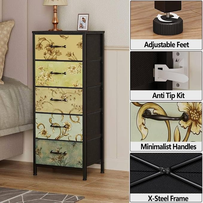 5 Drawer Dresser for Bedroom, Vintage Tall Skinny Storage Dressers | Fabric Dresser with 5 drawers, Vertical Narrow Storage Tower, Small Chest of Drawers, Floral Retro Dresser for Dorm, Wood Top
