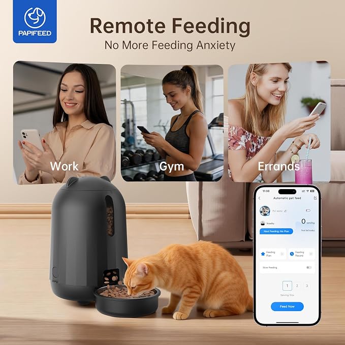 PAPIFEED Automatic Cat Feeder with App, WiFi Auto Cat Feeder, 3L Slow-Feed Cat Food Dispenser for Dry Food, Dual Power Supply Timed Pet Feeder for Small Dog, 10 Meals/Day, 6 Portions/Meal