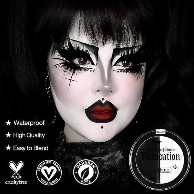 Black and White Face Paint Makeup, White Foundation Goth Makeup Cream To Powder Greasepaint, Emo Clown Cosplay Face Painting Full Coverage, Eye Black Body Paint Halloween SFX Cary Skeleton Costume
